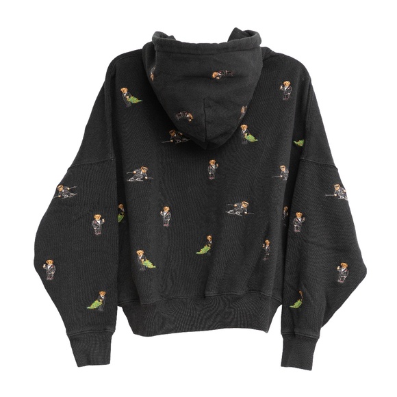 Ralph Lauren Polo Bear Hoodie Embroidered All Over Bears Sz M Black Winter Drink - Picture 4 of 5